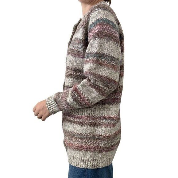 Hand Knit Womens Pastel 100% Wool Crew Neck Striped Hippie Rainbow Cardigan sz L - Picture 5 of 7